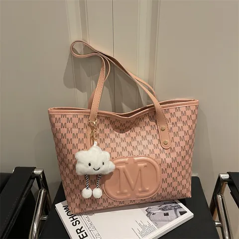 Women's Large Capacity Letter Print Tote Bag PU Leather Handbag With Cloud Plush Pendant Casual Shoulder Shopper Bag