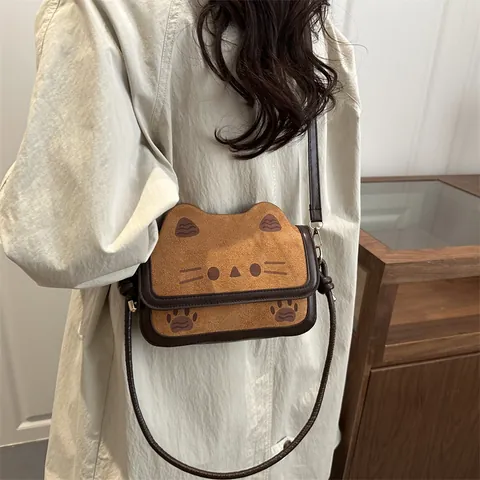 Simpatica Borsa a Tracolla con Orecchie di Gatto Donna Similpelle Scamosciata Patchwork Borsa a Spalla Cartone Animato Piccola Borsa