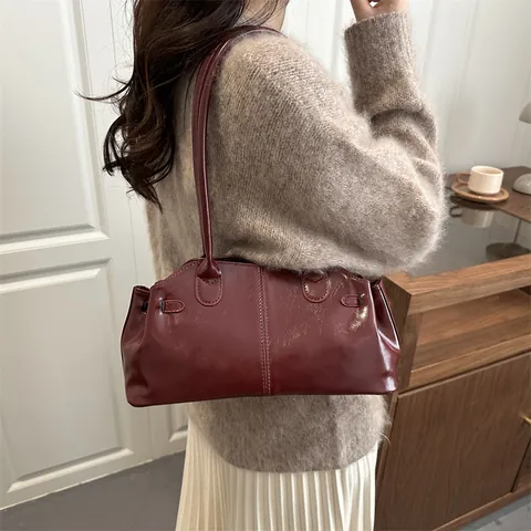 Bolso de Hombro Vintage para Mujer Diseño Coreano Cuero PU Brillante Gran Capacidad Conmutar Bolso de Axila Color Sólido