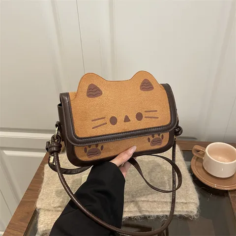 Simpatica Borsa a Tracolla con Orecchie di Gatto Donna Similpelle Scamosciata Patchwork Borsa a Spalla Cartone Animato Piccola Borsa