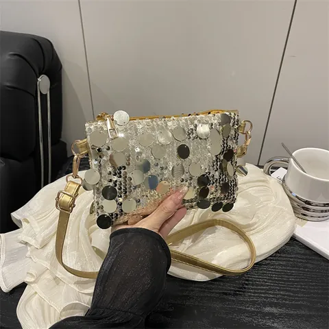 Women Shiny Sequin Crossbody Bag Paillette Small Square Shoulder Bag Metallic Party Clutch Evening Handbag Gold Silver Fashion Pouch