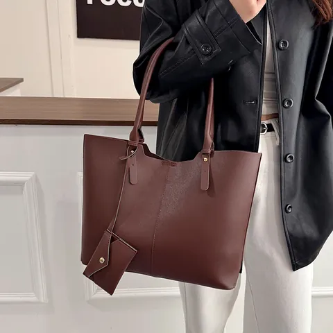 Bolso Tote de Mujer de Gran Capacidad de Cuero PU Minimalista Francés Color Sólido Bolso de Hombro Con Mini Bolsa para Oficina