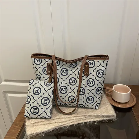 Vintage Monogram M Letter Print Tote Bag Σετ δύο τεμαχίων Μεγάλη χωρητικότητα Καμβάς PU Δερμάτινη τσάντα ώμου για γυναίκες