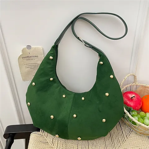 Bolso Hobo de Gamuza con Remaches de Gran Capacidad para Mujer Bolso de Hombro de Media Luna Vintage Estilo Callejero Retro