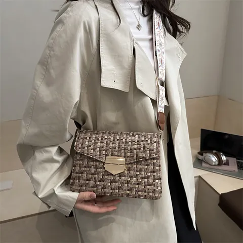 Bolso Bandolera de Tweed a Cuadros Vintage para Mujer Con Correa Ancha Bordada Bolso de Mano Cuadrado Pequeño Elegante Estilo Retro