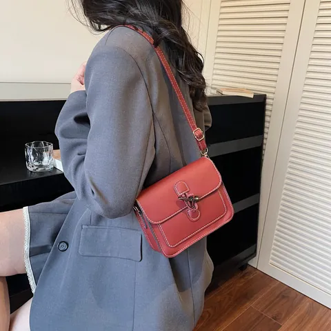 Borsa a Tracolla Vintage Stile Giapponese in Pelle PU Donna Cuciture a Contrasto Chiusura Alamari Borsa Spalla Quadrata