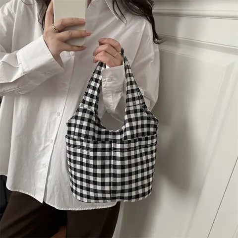 Borsa Tote in Tela Gingham Coreana da Donna Grande Capacità Borsa a Spalla a Griglia Con Tasche Anteriori Casual Quotidiana