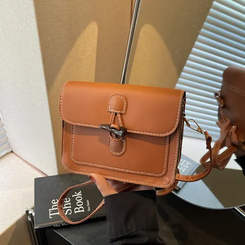 Borsa a Tracolla Vintage da Donna in Pelle PU Piccola Quadrata Con Chiusura a Alamaro Cuciture a Contrasto Elegante