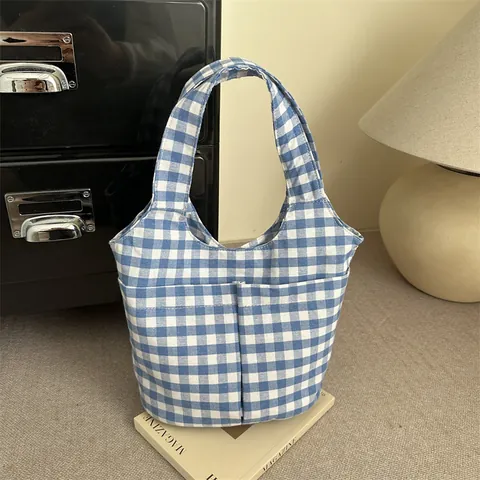 Borsa Tote in Tela Gingham Coreana da Donna Grande Capacità Borsa a Spalla a Griglia Con Tasche Anteriori Casual Quotidiana