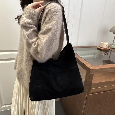 Retro Faux Suede Tote Bag For Women Large Capacity Shoulder Bag Casual Solid Color Hobo Bag With External Pockets Trendy Underarm Bag