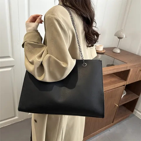 Borsa Tote da Donna Grande Capacità Motivo Litchi Pelle PU Tracolla a Catena Minimalista Urbana Borsa da Lavoro