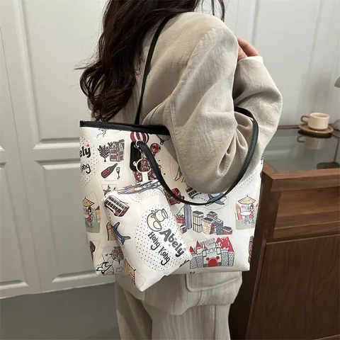 Große Kapazität PU Leder Damen Tote Bag Und Beutel Cartoon Stadt Illustration Druck Handtasche Künstlerische Umhängetasche