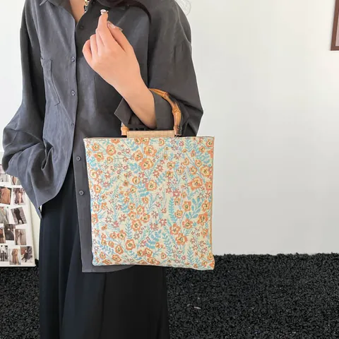 Vintage Floral Print Canvas Tote Bag With Bamboo Handle Large Capacity Retro Shoulder Handbag For Women Daily Travel