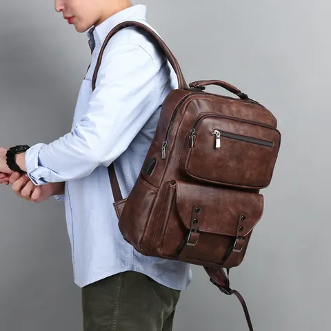 Men Retro PU Leather Business Backpack Large Capacity Laptop Bag With USB Charging Port Casual Travel Daypack Waterproof