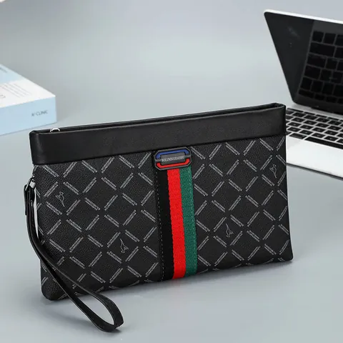 Men's Business Clutch Bag PU Leather Envelope Handbag With Red Green Stripe Large Capacity Fashion Wristlet Bag For Men
