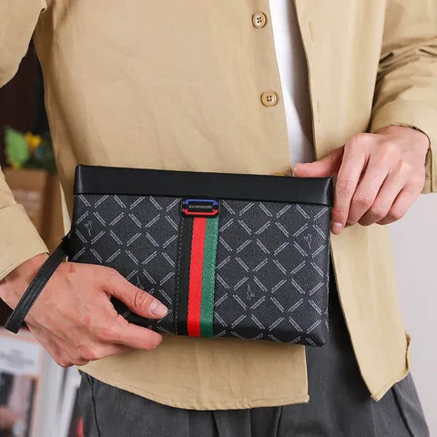 Men's Business Clutch Bag PU Leather Envelope Handbag With Red Green Stripe Large Capacity Fashion Wristlet Bag For Men