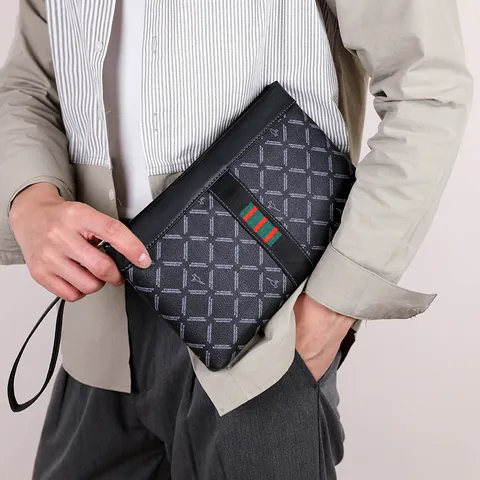 Herren Business Casual PU Leder Clutch Tasche Mit Gurtband Karomuster Große Kapazität Umschlagtasche Für Herren