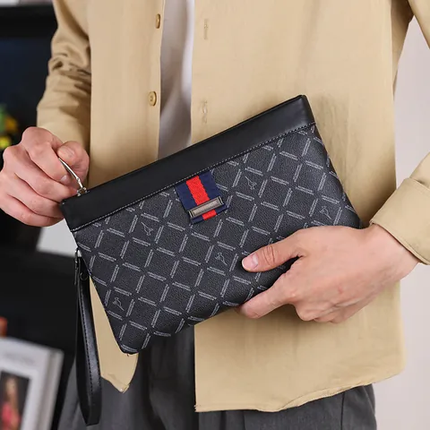 Men Business Casual PU Leather Clutch Bag Checkered Rhombic Pattern Envelope Handbag Large Capacity Wristlet Strap Purse
