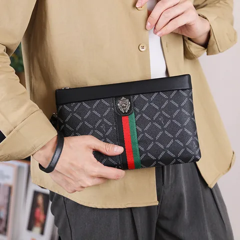 Men's Business PU Leather Clutch Bag with Metal Lion Head Red Green Stripe Fashion Envelope Handheld Bag Large Capacity