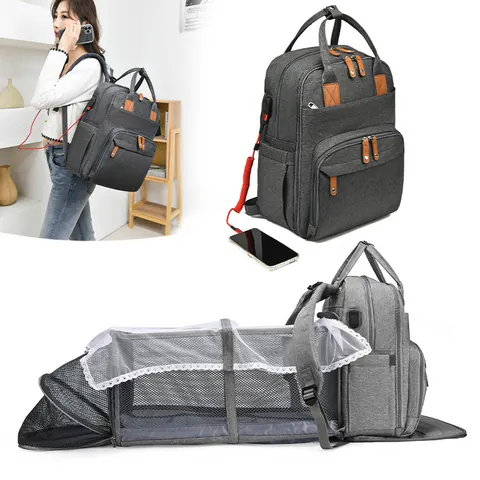 Large Capacity Diaper Bag Backpack With Foldable Travel Bassinet Waterproof Stroller Straps USB Charging Port Maternity Bag