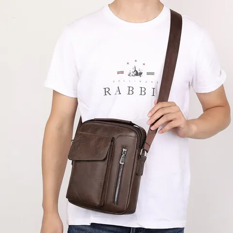 Herren Business Casual PU Leder Schulter Umhängetasche Hochwertig Einfarbig Multi Pocket Messenger Bag Mit Tragegriff