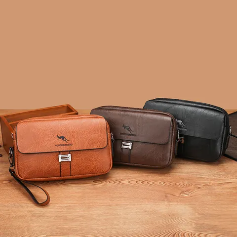 Bolso Bandolera Retro de Cuero PU para Hombre Bolso de Mano Multifuncional Con Correa Ajustable Logo de Canguro Messenger Bag Bolso de Hombro Casual