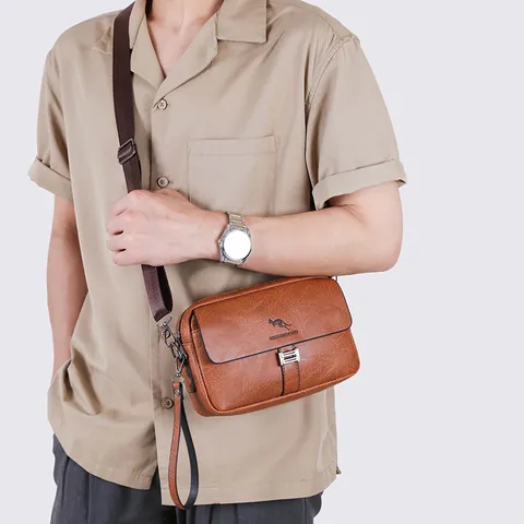 Bolso Bandolera Retro de Cuero PU para Hombre Bolso de Mano Multifuncional Con Correa Ajustable Logo de Canguro Messenger Bag Bolso de Hombro Casual