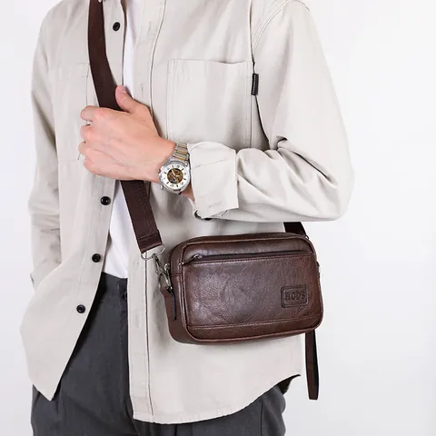 Bolso de Bandolera para Hombre de Cuero PU Vintage Bolso de Hombro Impermeable Multifuncional Bolso de Mano Cartera Para iPad Mini Teléfono