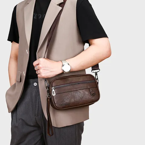 Bolso Bandolera para Hombre Vintage de Cuero PU Bolso de Mensajero Cuadrado Negocios Casual Correa Ajustable Textura Litchi Bolso de Hombro