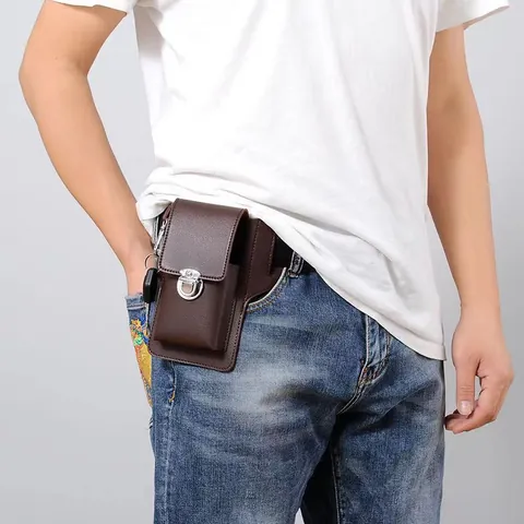 Men Waterproof PU Leather Phone Holster Waist Bag With Cigarette Case Holder Key Hook Vintage Vertical Pouch For Work