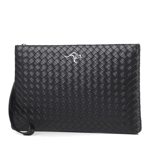 Men Woven Clutch Bag Microfiber Leather Business Casual Wristlet Handbag Large Capacity Envelope Bag With Kangaroo Metal Logo