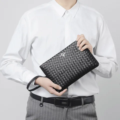 Men Woven Clutch Bag Microfiber Leather Business Casual Wristlet Handbag Large Capacity Envelope Bag With Kangaroo Metal Logo