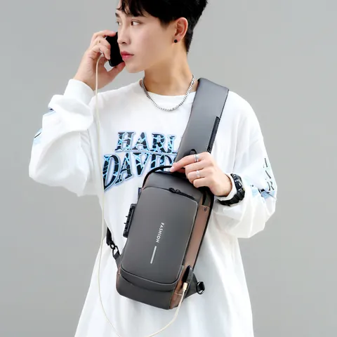 Anti Theft Men Chest Bag Waterproof PU Leather Crossbody Sling Bag With USB Charging Port And Combination Lock Fashion Travel Shoulder Bag
