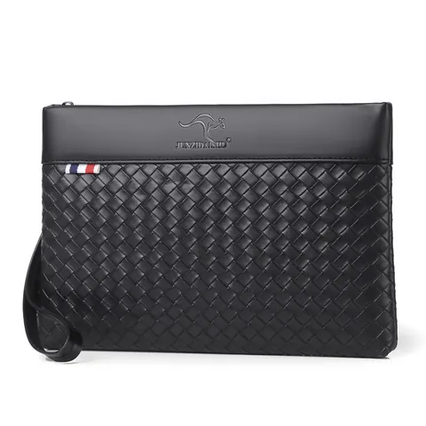 Men Business Clutch Bag Microfiber Leather Woven Texture Large Capacity Envelope Bag With Wristlet Strap For Office Casual