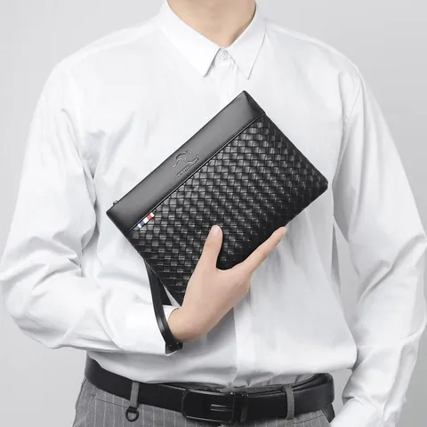 Men Business Clutch Bag Microfiber Leather Woven Texture Large Capacity Envelope Bag With Wristlet Strap For Office Casual