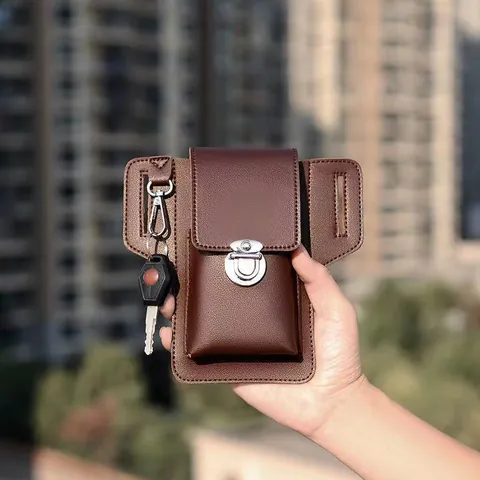 Men's PU Leather Mobile Phone Waist Bag With Belt Loop And Key Hook Wear-Resistant Cigarette Pouch Outdoor Casual Cell Phone Holster Case