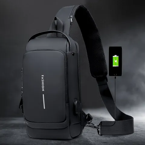 Men Waterproof Nylon Chest Bag with Anti-theft Password Lock External USB Charging Port Reflective Safety Crossbody Bag