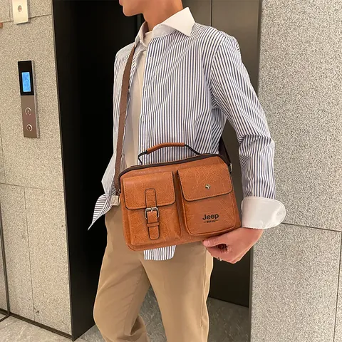 Vintage Herren PU Leder Umhängetasche Große Kapazität Messenger Bag Mit Vielen Taschen Verstellbarem Riemen Für Business Alltag