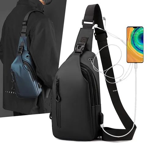 Men Waterproof Nylon Sling Chest Bag With USB Charging Port Large Capacity Crossbody Messenger Bag For Casual Travel Streetwear