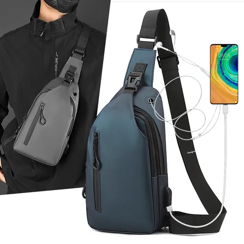 Men Waterproof Nylon Sling Chest Bag With USB Charging Port Large Capacity Crossbody Messenger Bag For Casual Travel Streetwear