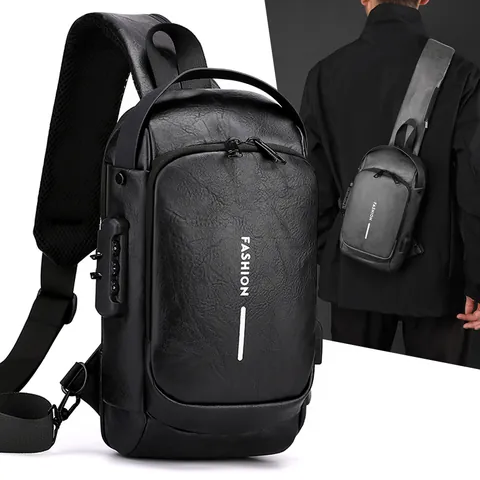 Vintage PU Leather Men Chest Bag Anti-Theft Lock USB Port Waterproof Crossbody Sling Bag Casual Business Shoulder Bag
