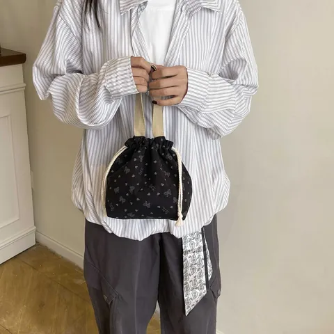 Vintage Corduroy Drawstring Bucket Bag With Heart Butterfly Print Small Handbag For Women Daily Casual Tote Bag