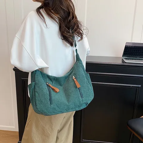 Borsa a Spalla in Velluto a Coste Grande Capacità Donna Tinta Unita Casual Hobo Crossbody Bag per Scuola Quotidiano