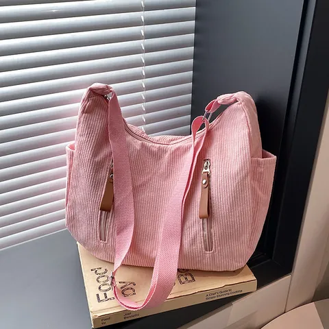 Borsa a Spalla in Velluto a Coste Grande Capacità Donna Tinta Unita Casual Hobo Crossbody Bag per Scuola Quotidiano