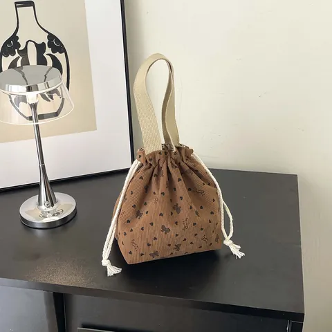 Vintage Corduroy Drawstring Bucket Bag With Heart Butterfly Print Small Handbag For Women Daily Casual Tote Bag