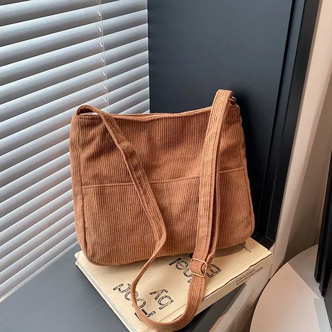 Bolso de Hombro de Pana de Gran Capacidad para Mujer Bolso Bandolera Vintage Con Correa Ajustable Bolsillo Delantero