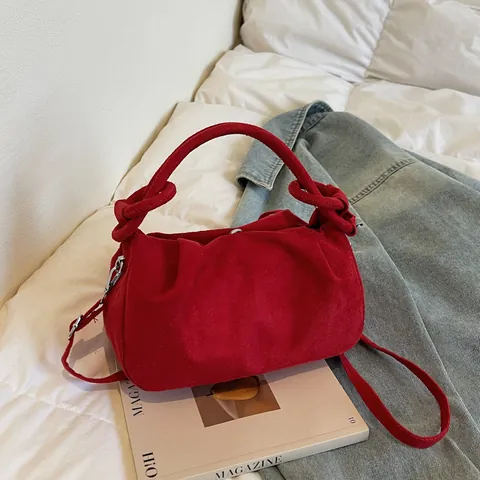 Bolso Dumpling Fruncido de Gamuza Sintética Vintage para Mujer Con Asa de Nudo Bolso de Hombro Cruzado Color Sólido