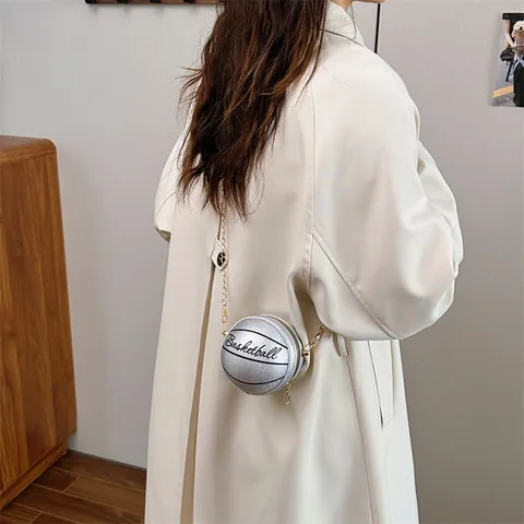 Bolso Bandolera Mini con Forma de Baloncesto para Mujer de Cuero PU Creativo Bolso de Hombro Redondo con Cadena de Metal Oro