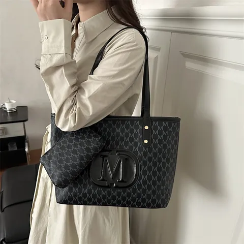 Fashion PU Leather Large Capacity Tote Bag Women M Letter Pattern Shoulder Bag With Small Pouch Daily Casual Handbag