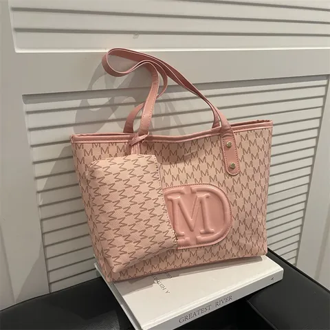 Fashion PU Leather Large Capacity Tote Bag Women M Letter Pattern Shoulder Bag With Small Pouch Daily Casual Handbag